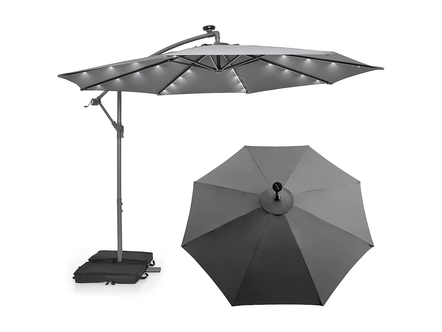 3x3M Offset Parasol, Grote Solar Verlichte Buitentuin Parasol met 2 Zandzakken, Kruisvoet, Kantelbare Parasol met Slinger, voor Balkon, Tuin, Terras Strand (Grijs)