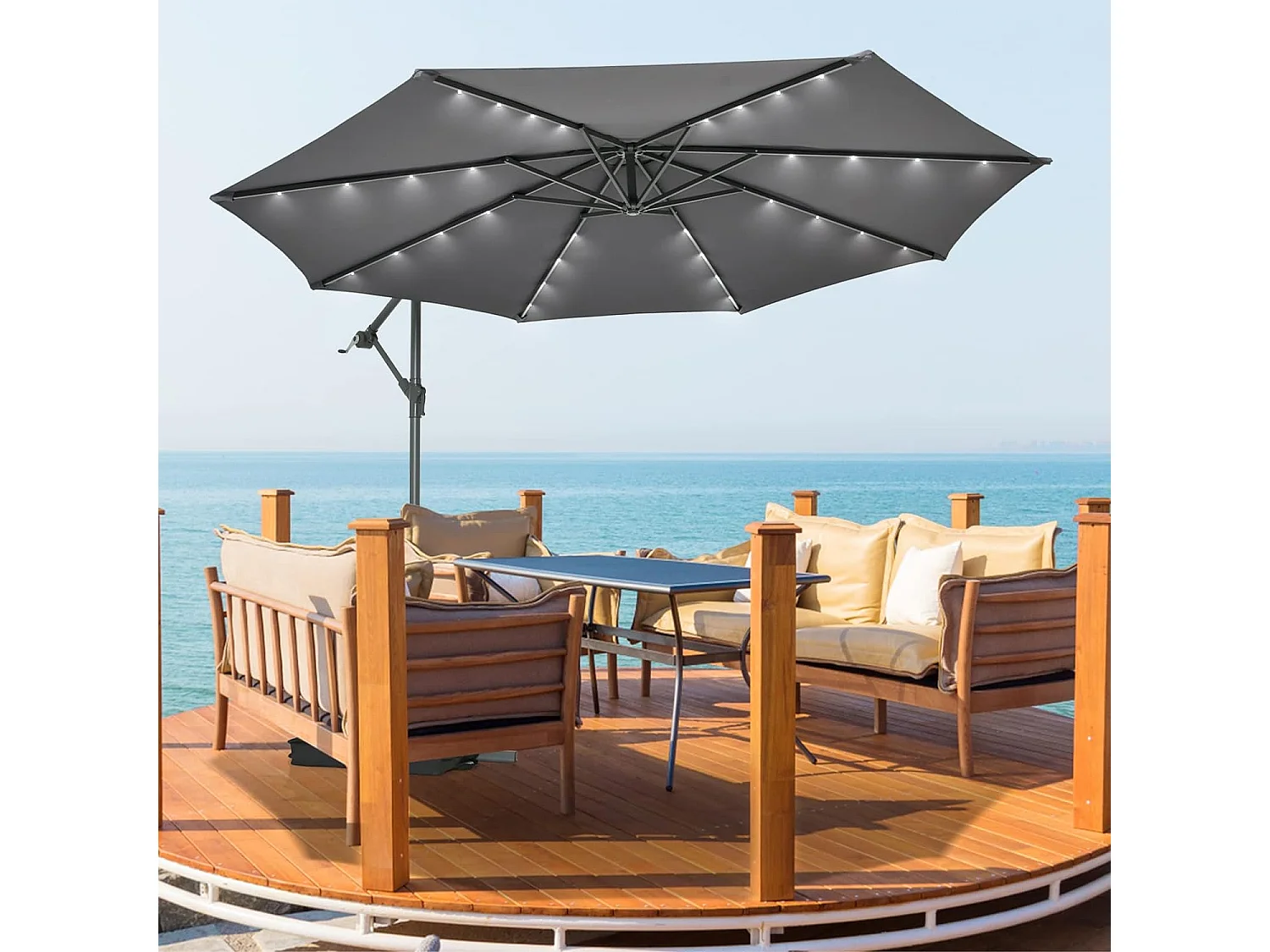 3x3M Offset Parasol, Grote Solar Verlichte Buitentuin Parasol met 2 Zandzakken, Kruisvoet, Kantelbare Parasol met Slinger, voor Balkon, Tuin, Terras Strand (Grijs)