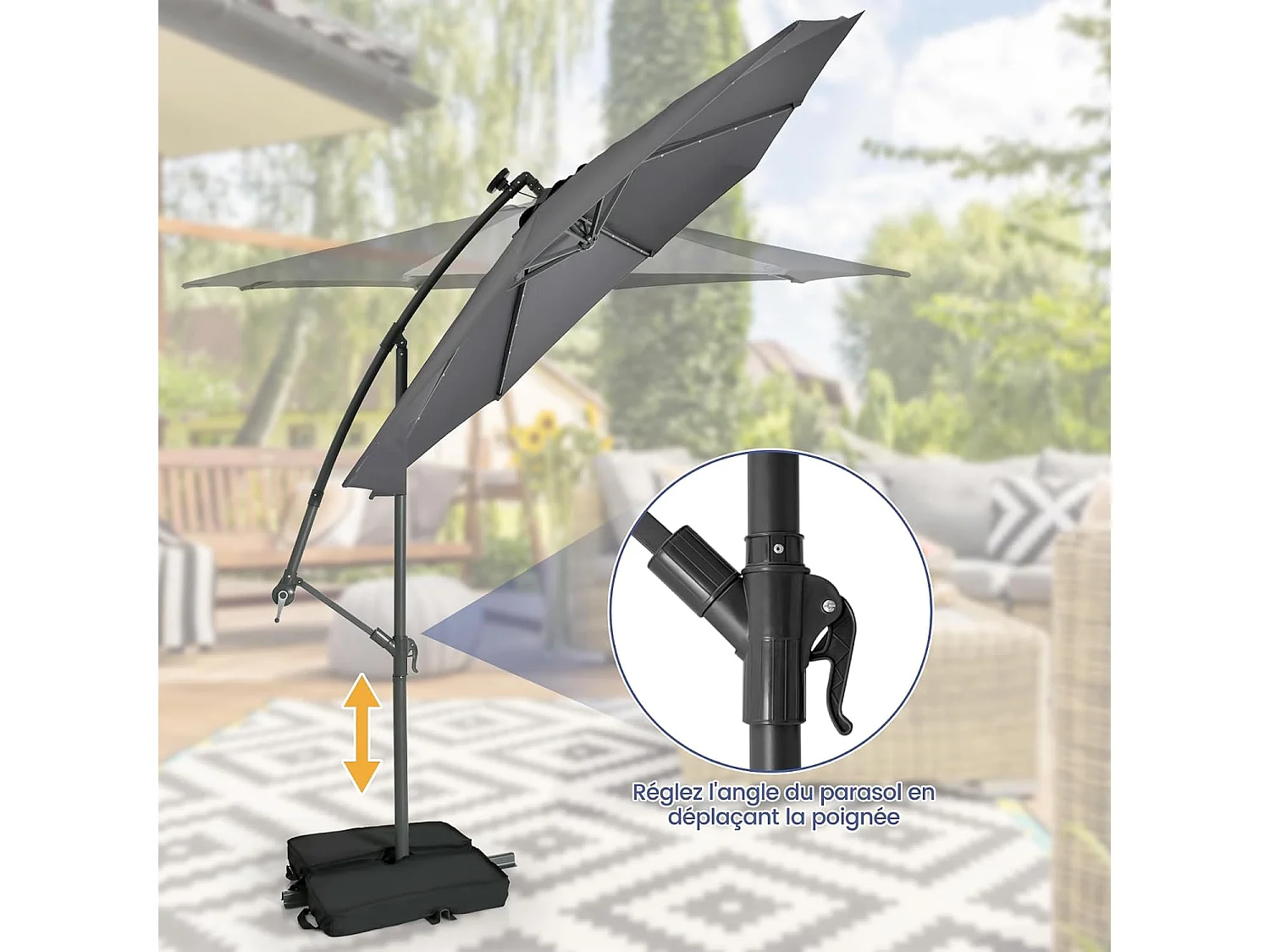 3x3M Offset Parasol, Grote Solar Verlichte Buitentuin Parasol met 2 Zandzakken, Kruisvoet, Kantelbare Parasol met Slinger, voor Balkon, Tuin, Terras Strand (Grijs)