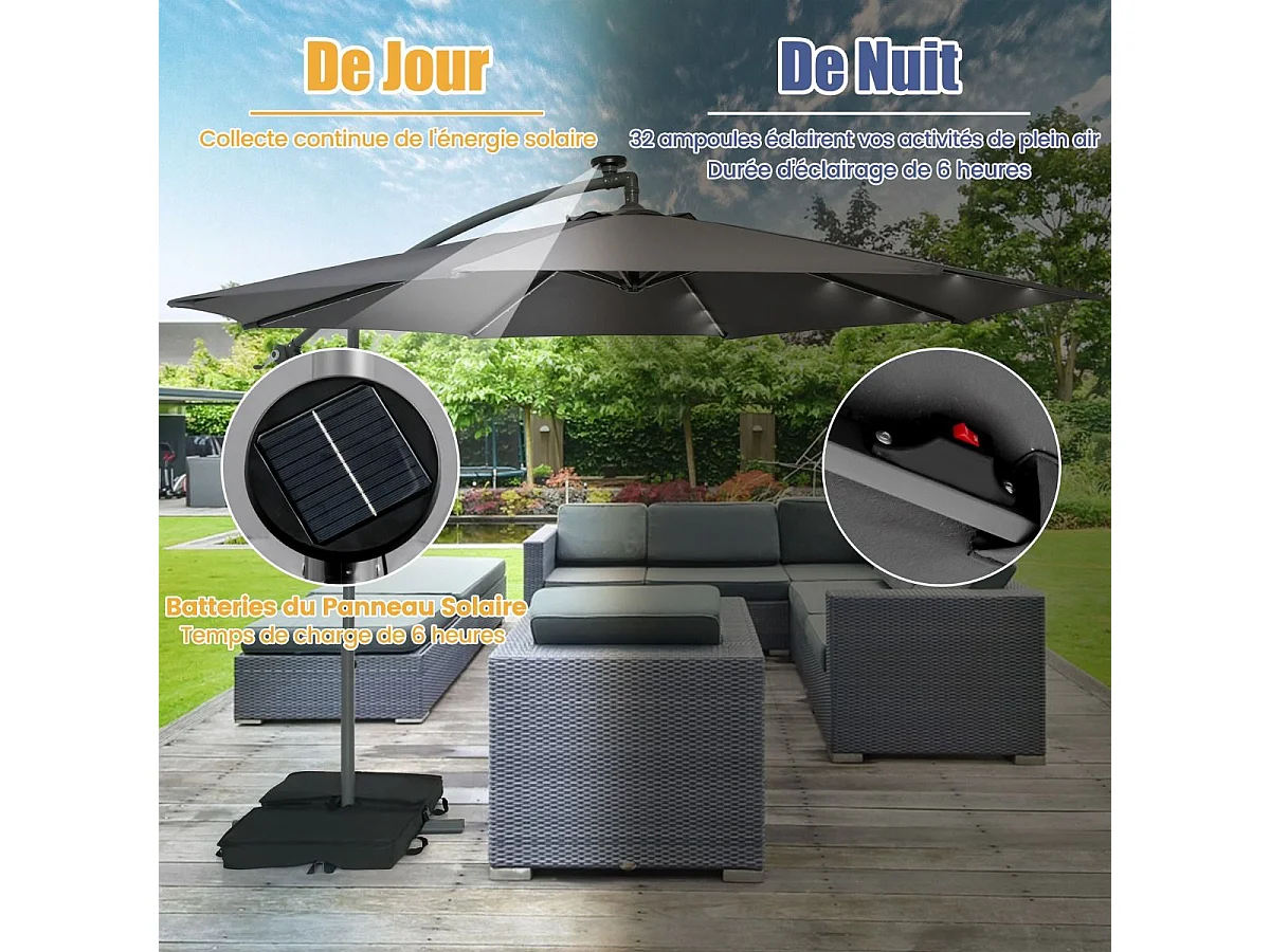 3x3M Offset Parasol, Grote Solar Verlichte Buitentuin Parasol met 2 Zandzakken, Kruisvoet, Kantelbare Parasol met Slinger, voor Balkon, Tuin, Terras Strand (Grijs)
