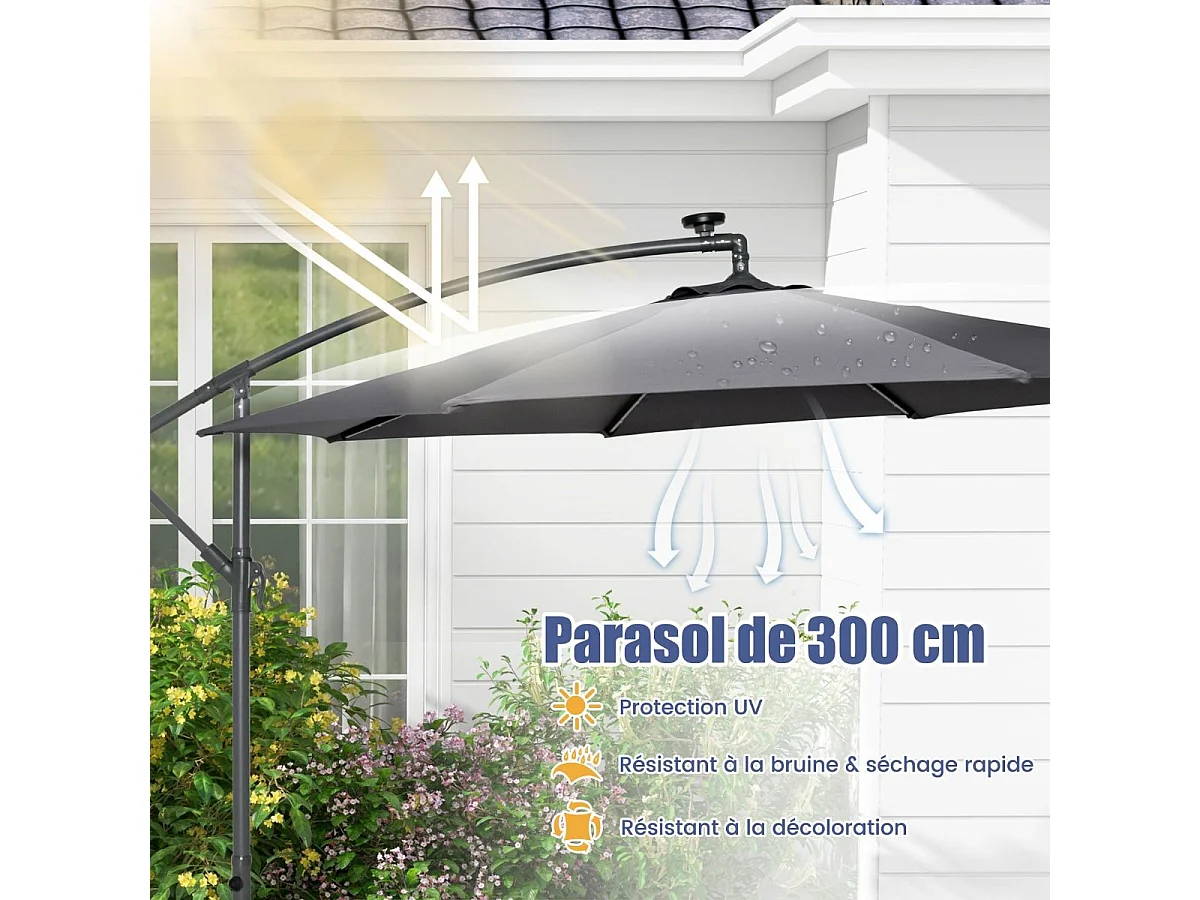 3x3M Offset Parasol, Grote Solar Verlichte Buitentuin Parasol met 2 Zandzakken, Kruisvoet, Kantelbare Parasol met Slinger, voor Balkon, Tuin, Terras Strand (Grijs)