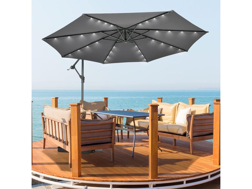 Parasol Déporté 3x3M, Grand Parasol de Jardin Extérieur Lumineux LED Solaire avec 2 Sacs de Sable, Base Croisée, Parasol Inclinable avec Manivelle, pour Balcon, Jardin, Terrasse Plage (Gris)