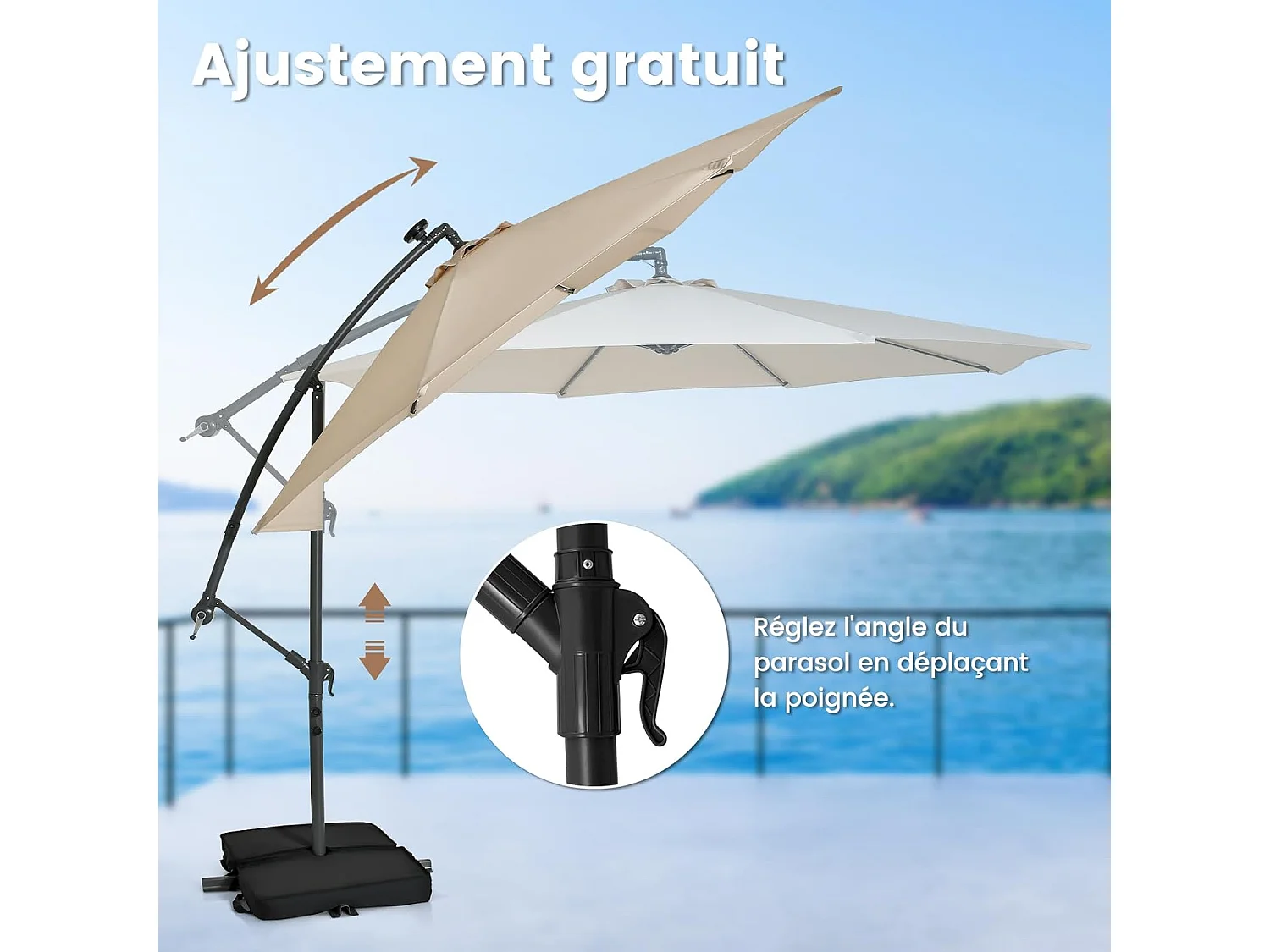 Parasol Déporté 3x3M, Grand Parasol de Jardin Extérieur Lumineux LED Solaire avec 2 Sacs de Sable, Base Croisée, Parasol Inclinable avec Manivelle, pour Balcon, Jardin, Terrasse Plage (Beige)