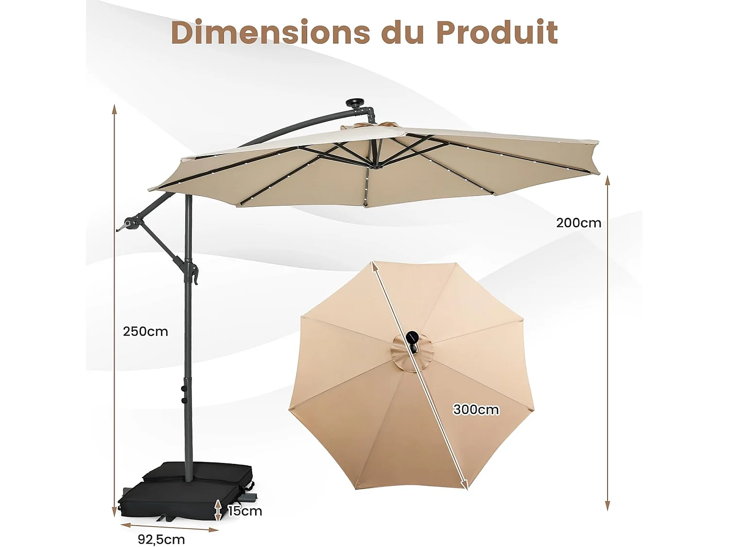 Parasol Déporté 3x3M, Grand Parasol de Jardin Extérieur Lumineux LED Solaire avec 2 Sacs de Sable, Base Croisée, Parasol Inclinable avec Manivelle, pour Balcon, Jardin, Terrasse Plage (Beige)