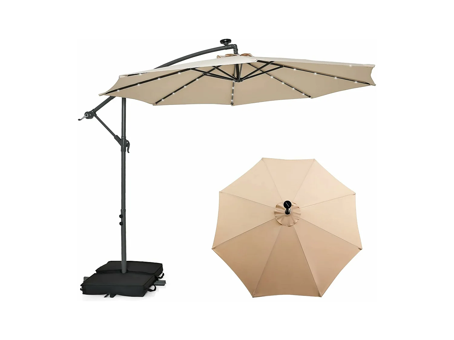 Parasol Déporté 3x3M, Grand Parasol de Jardin Extérieur Lumineux LED Solaire avec 2 Sacs de Sable, Base Croisée, Parasol Inclinable avec Manivelle, pour Balcon, Jardin, Terrasse Plage (Beige)