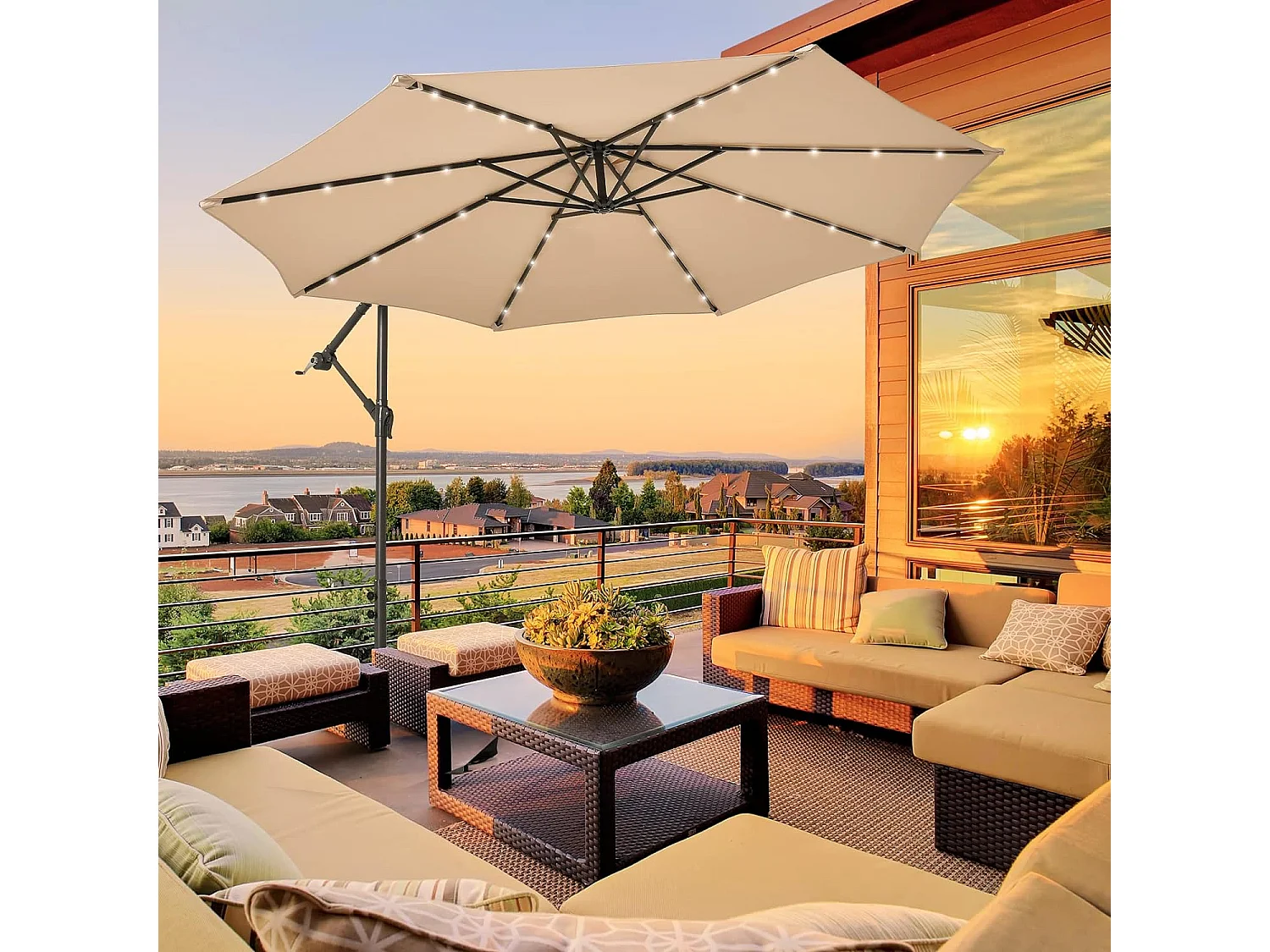Parasol Déporté 3x3M, Grand Parasol de Jardin Extérieur Lumineux LED Solaire avec 2 Sacs de Sable, Base Croisée, Parasol Inclinable avec Manivelle, pour Balcon, Jardin, Terrasse Plage (Beige)