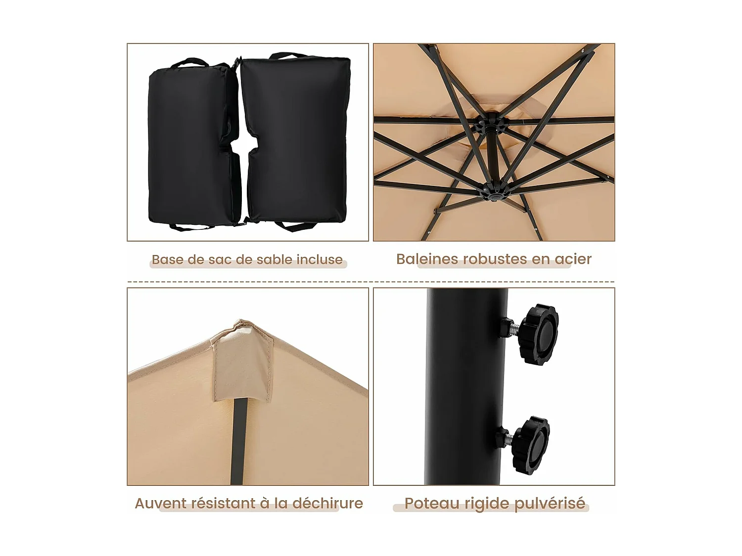 Parasol Déporté 3x3M, Grand Parasol de Jardin Extérieur Lumineux LED Solaire avec 2 Sacs de Sable, Base Croisée, Parasol Inclinable avec Manivelle, pour Balcon, Jardin, Terrasse Plage (Beige)
