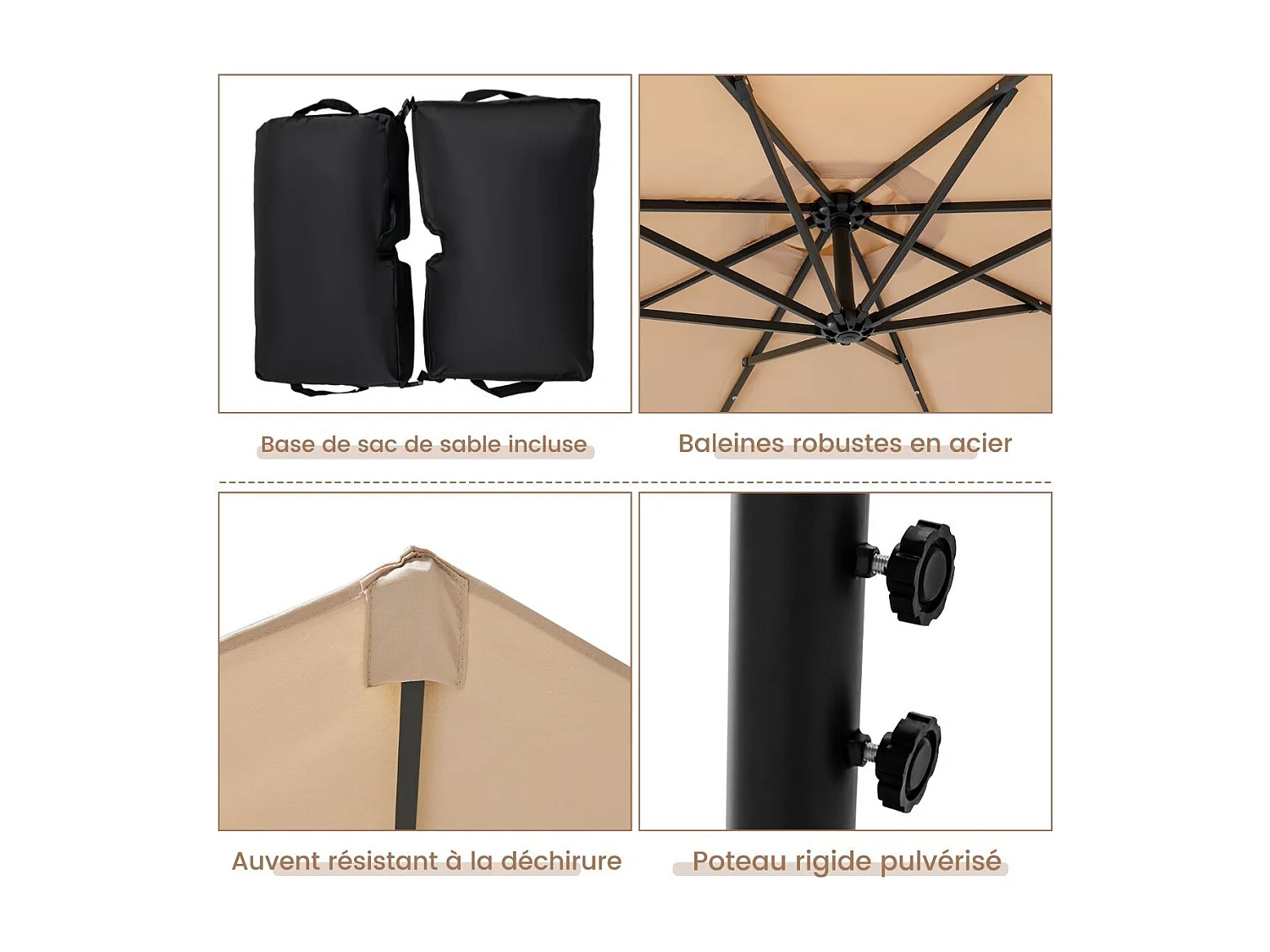 Parasol Déporté 3x3M, Grand Parasol de Jardin Extérieur Lumineux LED Solaire avec 2 Sacs de Sable, Base Croisée, Parasol Inclinable avec Manivelle, pour Balcon, Jardin, Terrasse Plage (Beige)