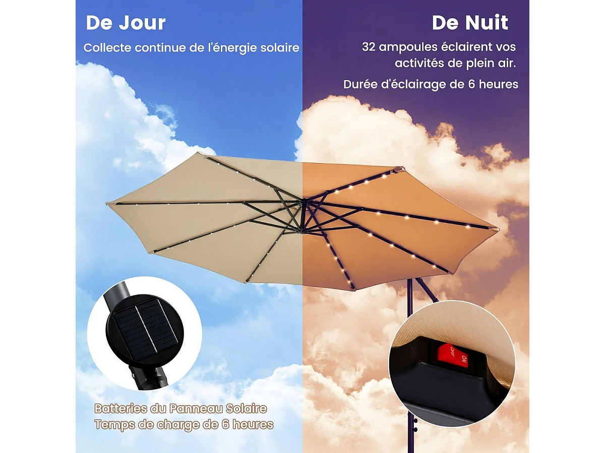 Parasol Déporté 3x3M, Grand Parasol de Jardin Extérieur Lumineux LED Solaire avec 2 Sacs de Sable, Base Croisée, Parasol Inclinable avec Manivelle, pour Balcon, Jardin, Terrasse Plage (Beige)