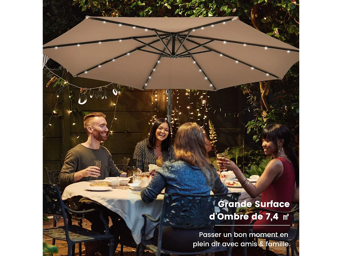 Parasol Déporté 3x3M, Grand Parasol de Jardin Extérieur Lumineux LED Solaire avec 2 Sacs de Sable, Base Croisée, Parasol Inclinable avec Manivelle, pour Balcon, Jardin, Terrasse Plage (Beige)