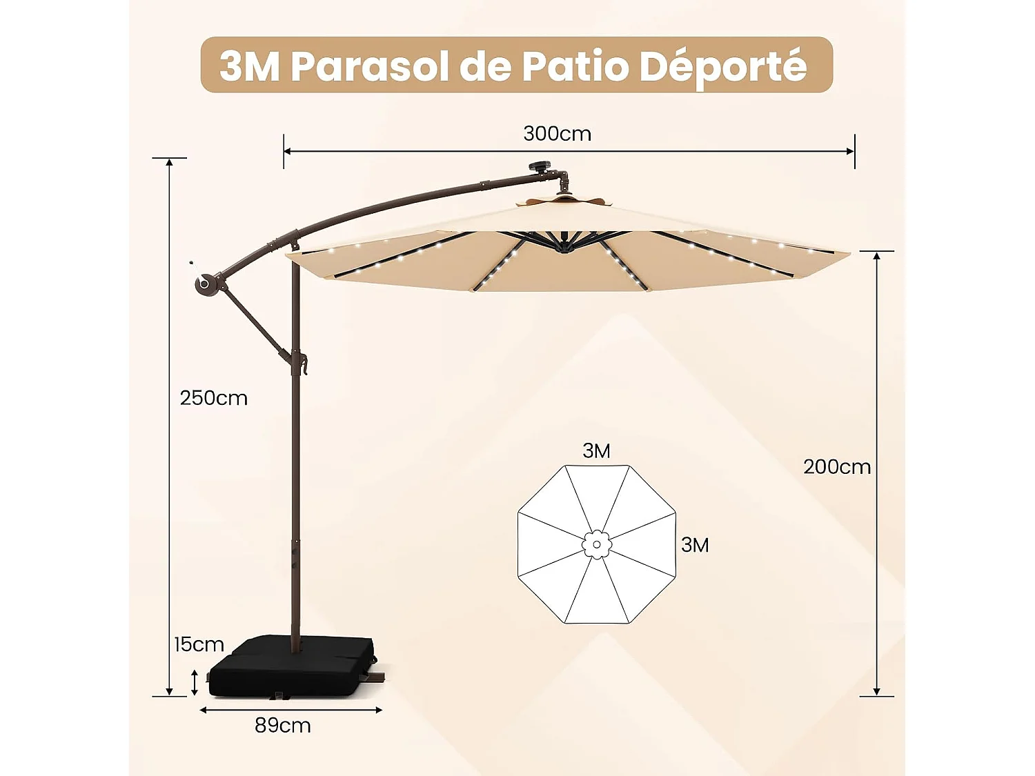 Parasol Déporté 3x3M, Grand Parasol de Jardin Extérieur Lumineux LED Solaire avec 2 Sacs de Sable, Base Croisée, Parasol Inclinable avec Manivelle, pour Balcon, Jardin, Terrasse Plage (Beige)