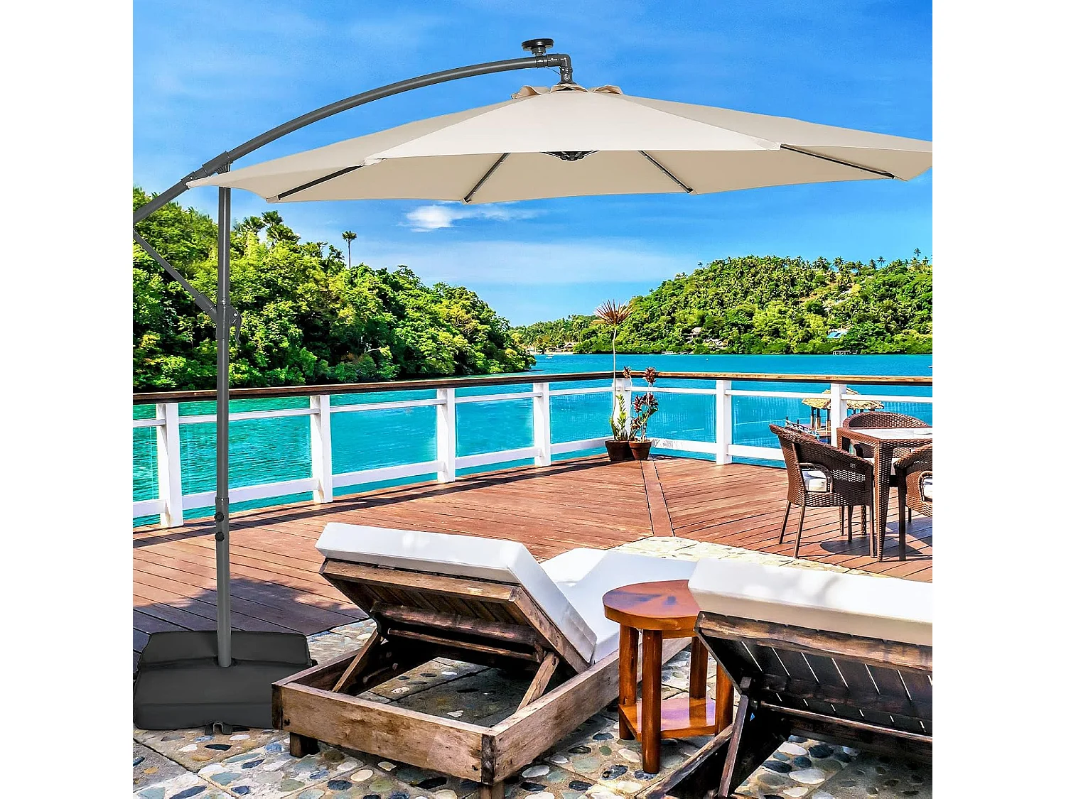 Parasol Déporté 3x3M, Grand Parasol de Jardin Extérieur Lumineux LED Solaire avec 2 Sacs de Sable, Base Croisée, Parasol Inclinable avec Manivelle, pour Balcon, Jardin, Terrasse Plage (Beige)