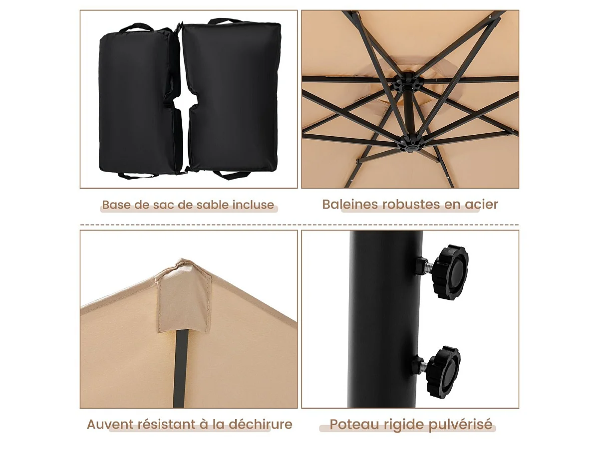 Parasol Déporté 3x3M, Grand Parasol de Jardin Extérieur Lumineux LED Solaire avec 2 Sacs de Sable, Base Croisée, Parasol Inclinable avec Manivelle, pour Balcon, Jardin, Terrasse Plage (Beige)