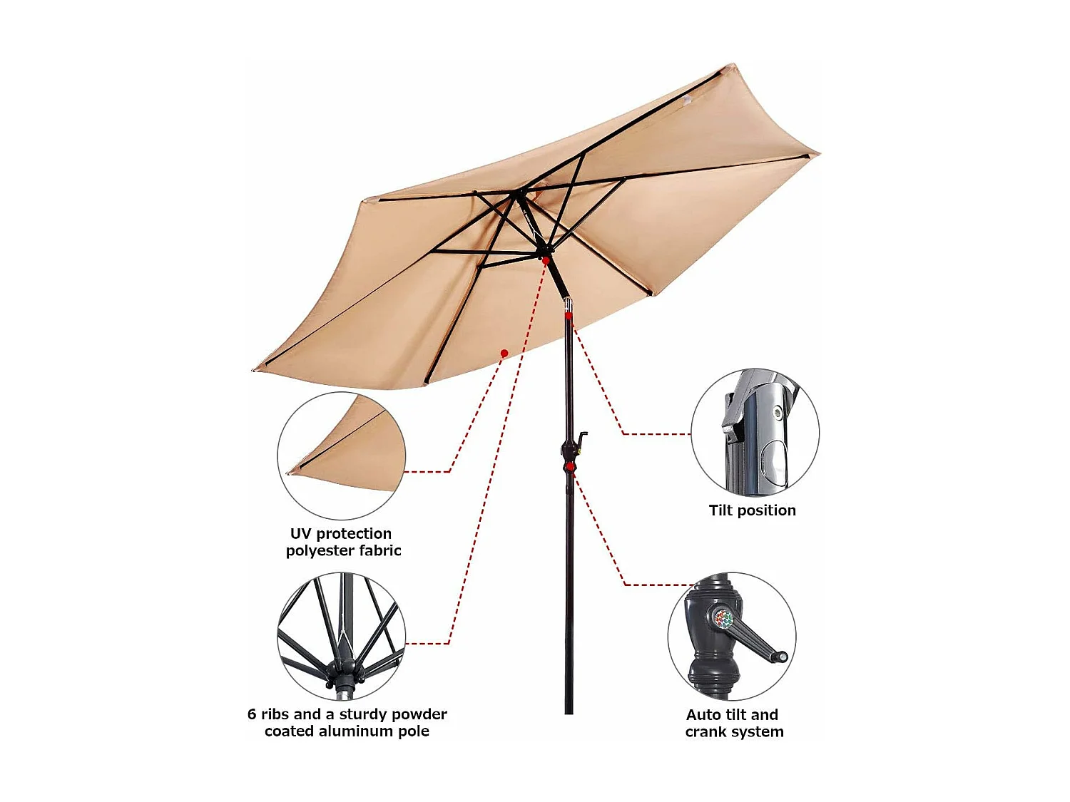 Parasol de Jardin/Parasol Déporté Inclinable de Jardin Dia.270CM avec Toile Polyester Imperméable et Baleines en Fer Robuste Beige