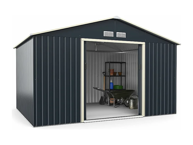Metalen tuinhuis van 8,7 m² - 2 afsluitbare schuifdeuren, 4 ventilatiegaten, schuin dak, fietsenstalling, afvalbak, 340 x 255 x 210 cm (grijs)