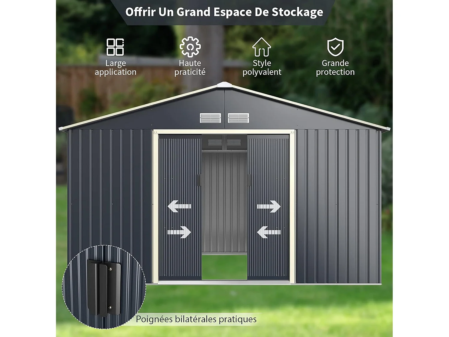 Abri de Jardin Métal 8,7㎡- 2 Portes Coulissantes Verrouillables, 4 Trous d’Aération, Toit Penché, Cabane Exterieur pour Vélo, Poubelle, 340 x 255 x 210 cm (Gris)