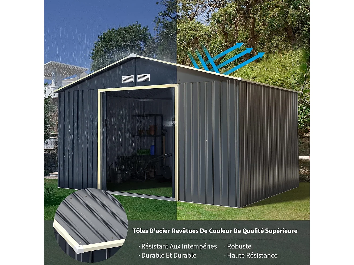 Abri de Jardin Métal 8,7㎡- 2 Portes Coulissantes Verrouillables, 4 Trous d’Aération, Toit Penché, Cabane Exterieur pour Vélo, Poubelle, 340 x 255 x 210 cm (Gris)