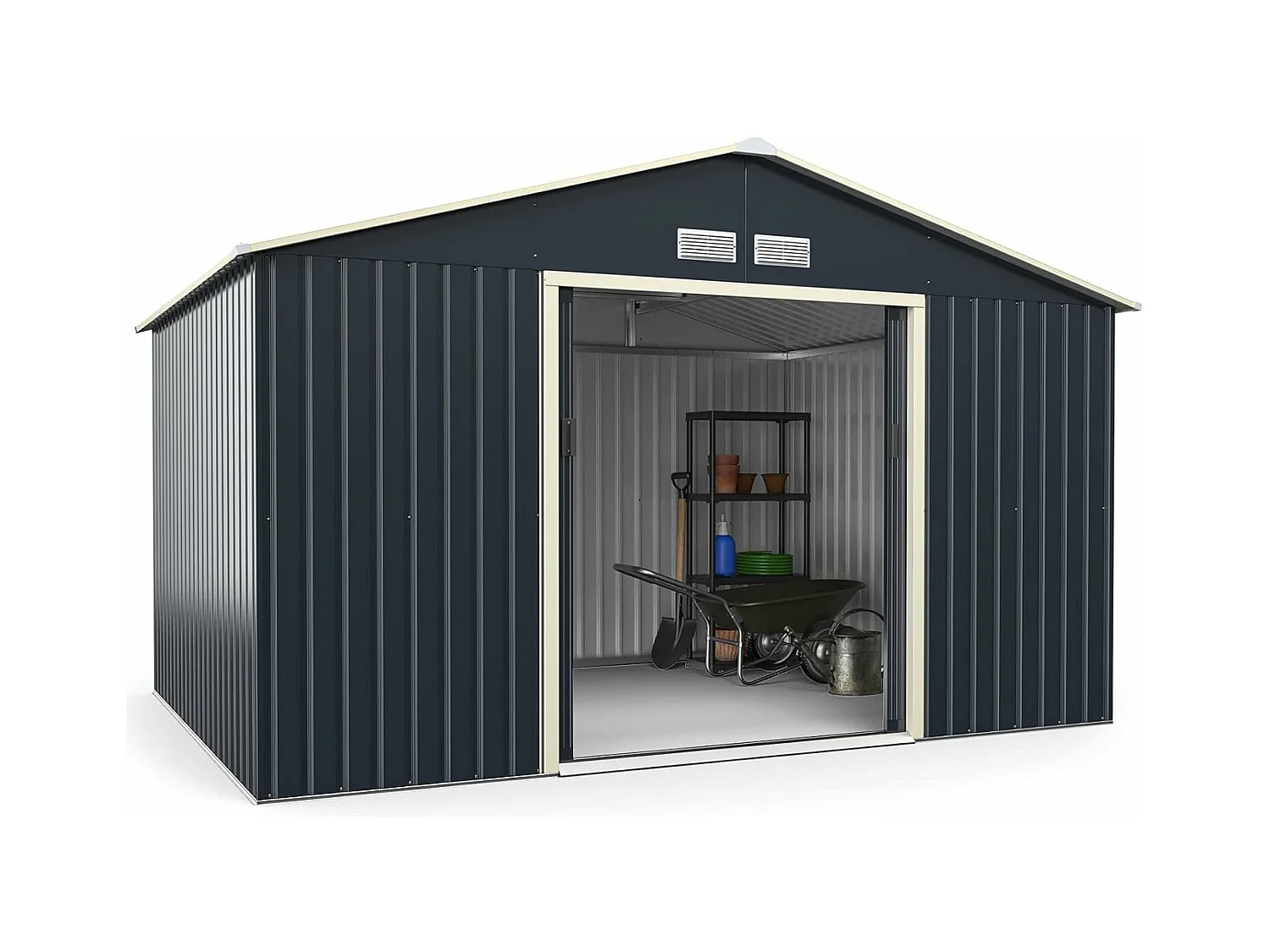 Abri de Jardin Métal 8,7㎡- 2 Portes Coulissantes Verrouillables, 4 Trous d’Aération, Toit Penché, Cabane Exterieur pour Vélo, Poubelle, 340 x 255 x 210 cm (Gris)
