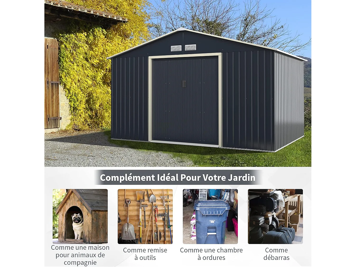Abri de Jardin Métal 8,7㎡- 2 Portes Coulissantes Verrouillables, 4 Trous d’Aération, Toit Penché, Cabane Exterieur pour Vélo, Poubelle, 340 x 255 x 210 cm (Gris)
