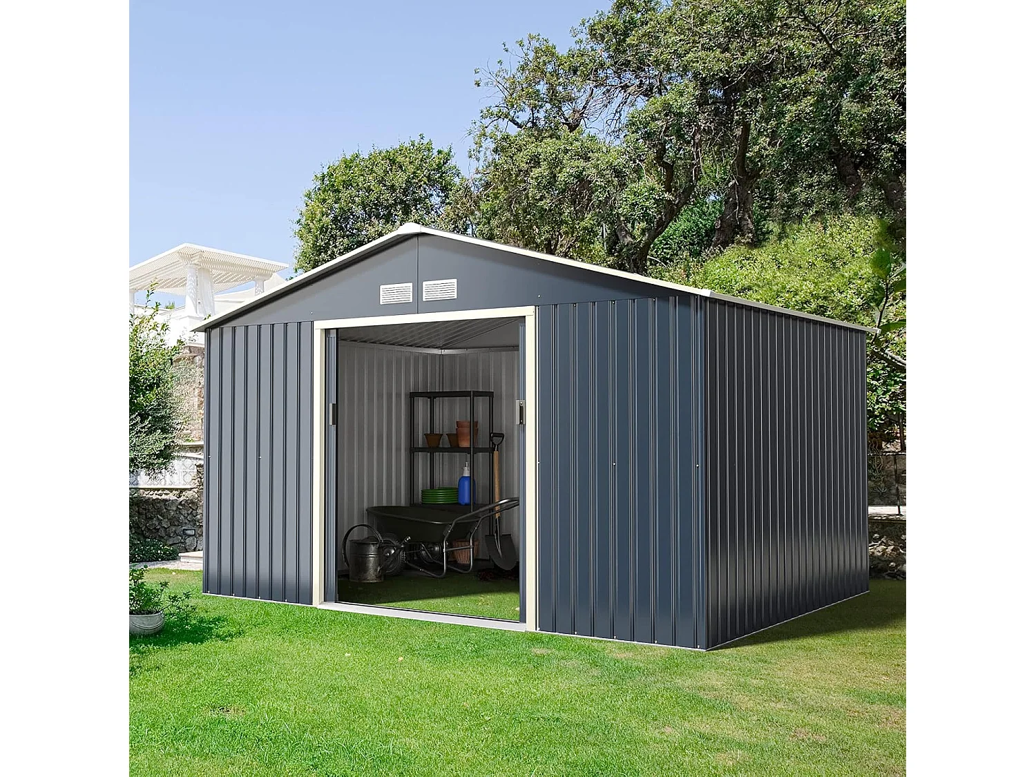 Abri de Jardin Métal 8,7㎡- 2 Portes Coulissantes Verrouillables, 4 Trous d’Aération, Toit Penché, Cabane Exterieur pour Vélo, Poubelle, 340 x 255 x 210 cm (Gris)