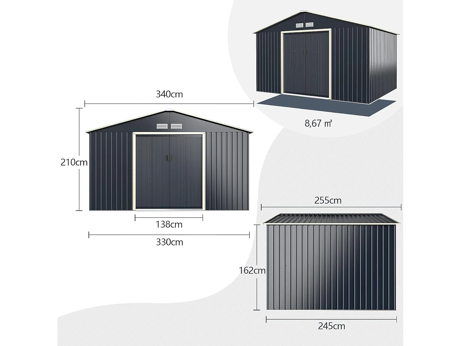 Abri de Jardin Métal 8,7㎡- 2 Portes Coulissantes Verrouillables, 4 Trous d’Aération, Toit Penché, Cabane Exterieur pour Vélo, Poubelle, 340 x 255 x 210 cm (Gris)
