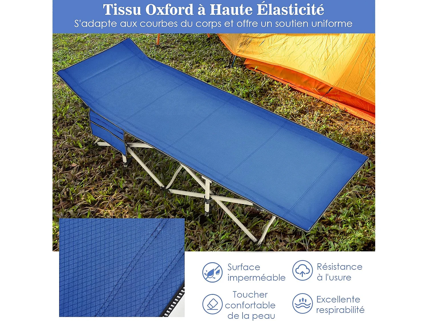 lit de CamBoisg Pliable, Charge jusqu'à 400 kg, lit de Voyage à Pliage Rapide avec Sac de Transport Bleu