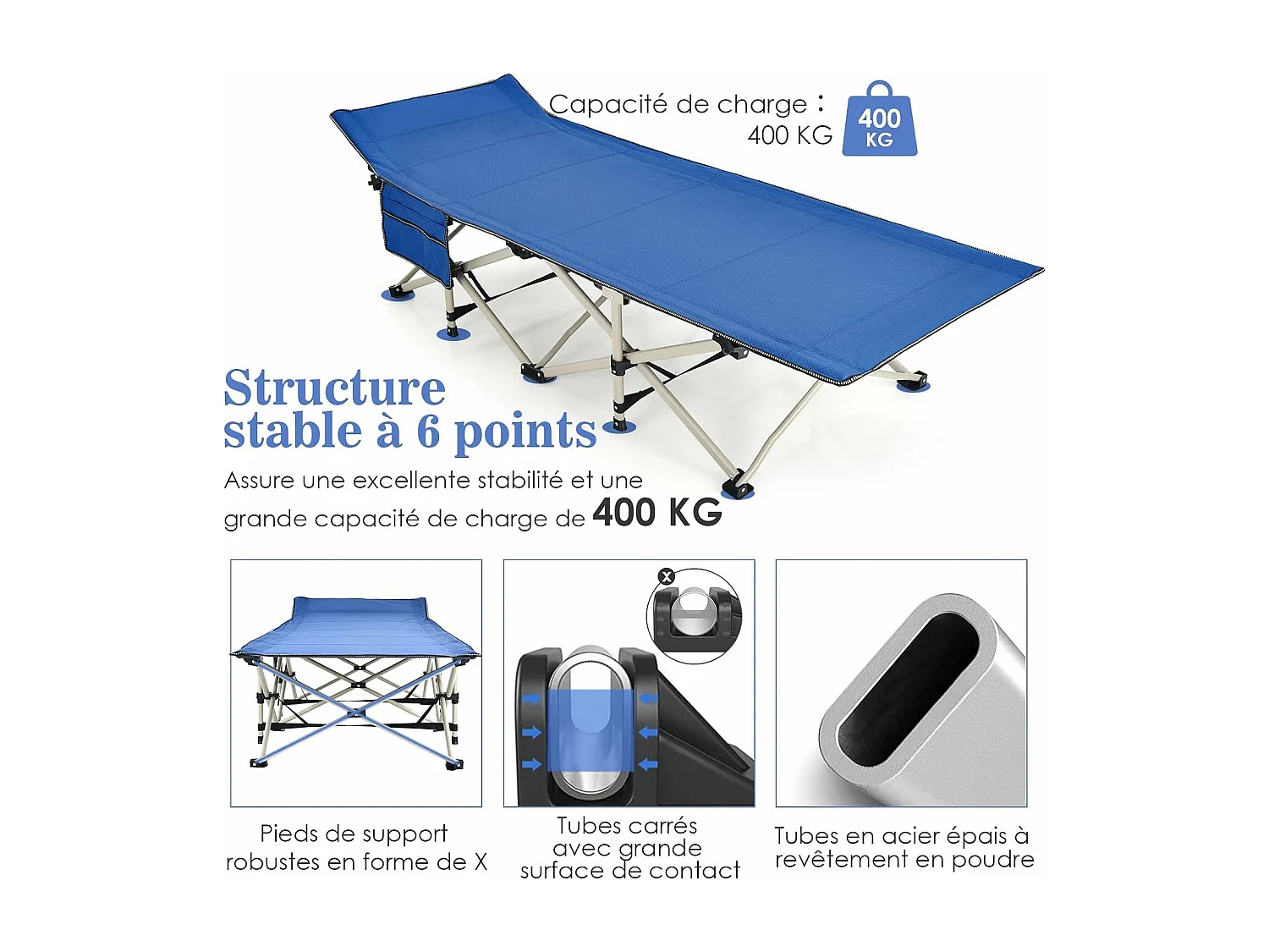 lit de CamBoisg Pliable, Charge jusqu'à 400 kg, lit de Voyage à Pliage Rapide avec Sac de Transport Bleu