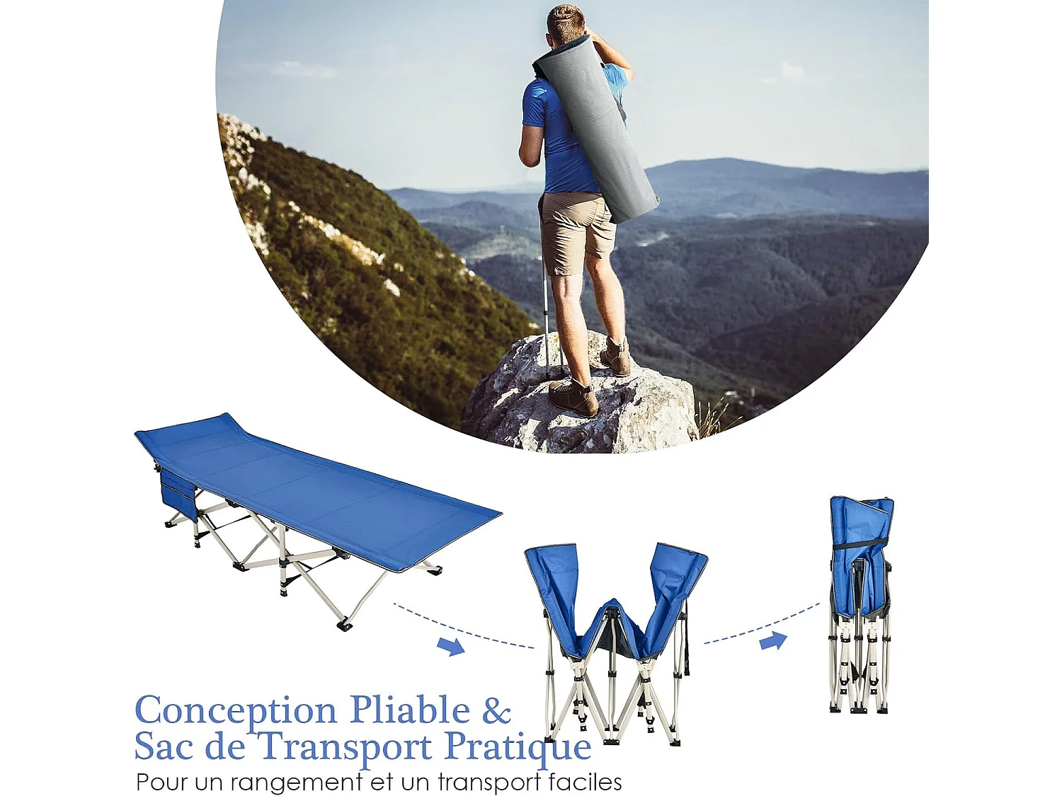 lit de CamBoisg Pliable, Charge jusqu'à 400 kg, lit de Voyage à Pliage Rapide avec Sac de Transport Bleu
