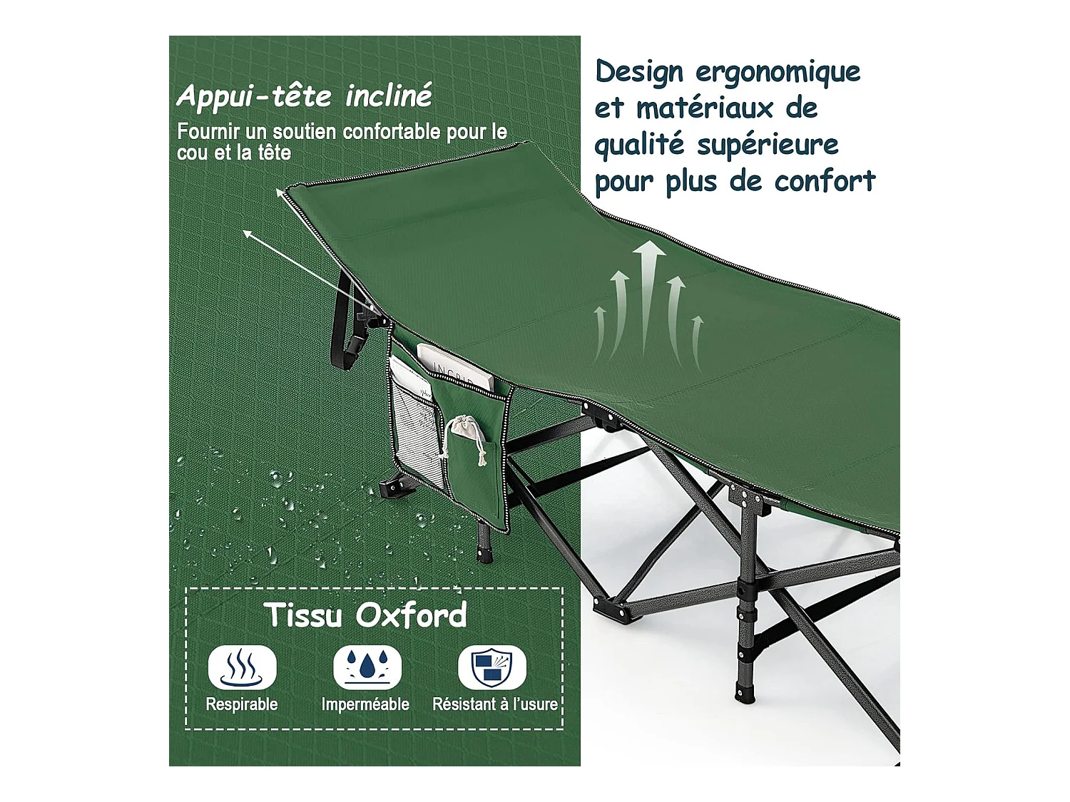 Lit de camping Pliant 1 Personne Portable en Tissu et velours Oxford avec Tube Métal Charge 272kg, Lit de Voyage avec Poche, Appuie-tête Réglable, pour Voyage/Randonnée/Pêche, 190 x 60 x 54 cm