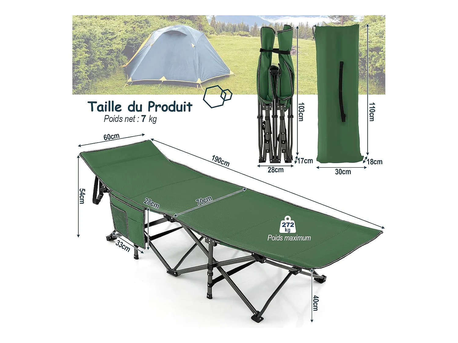 Lit de camping Pliant 1 Personne Portable en Tissu et velours Oxford avec Tube Métal Charge 272kg, Lit de Voyage avec Poche, Appuie-tête Réglable, pour Voyage/Randonnée/Pêche, 190 x 60 x 54 cm
