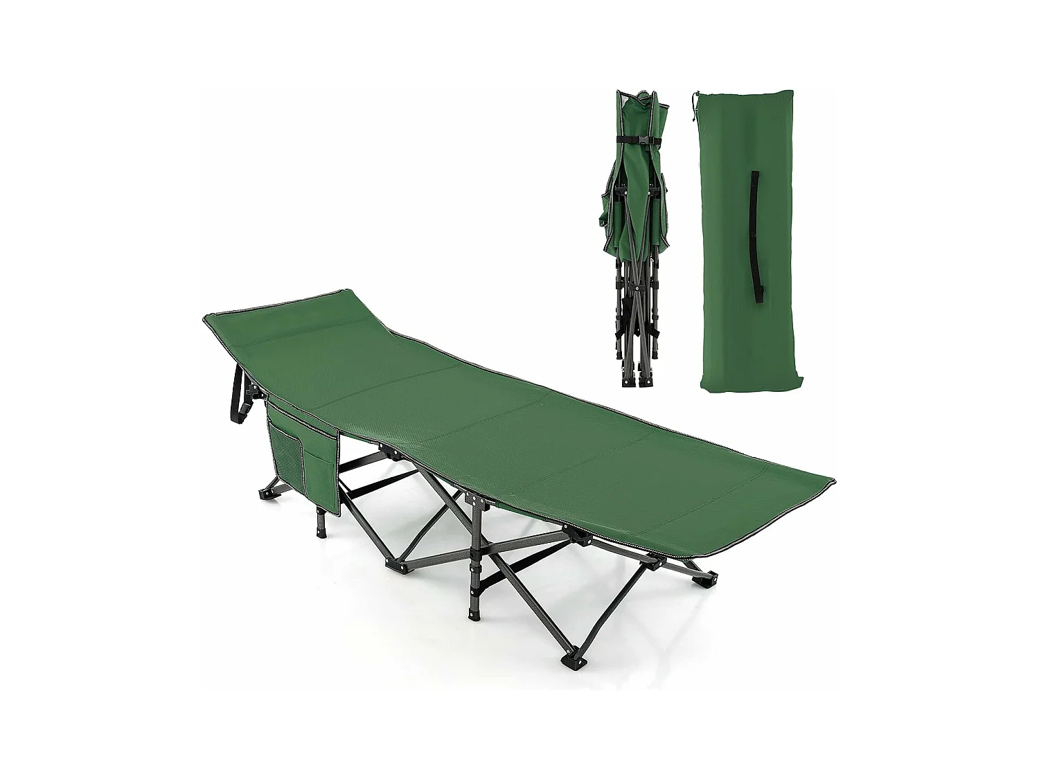Lit de camping Pliant 1 Personne Portable en Tissu et velours Oxford avec Tube Métal Charge 272kg, Lit de Voyage avec Poche, Appuie-tête Réglable, pour Voyage/Randonnée/Pêche, 190 x 60 x 54 cm
