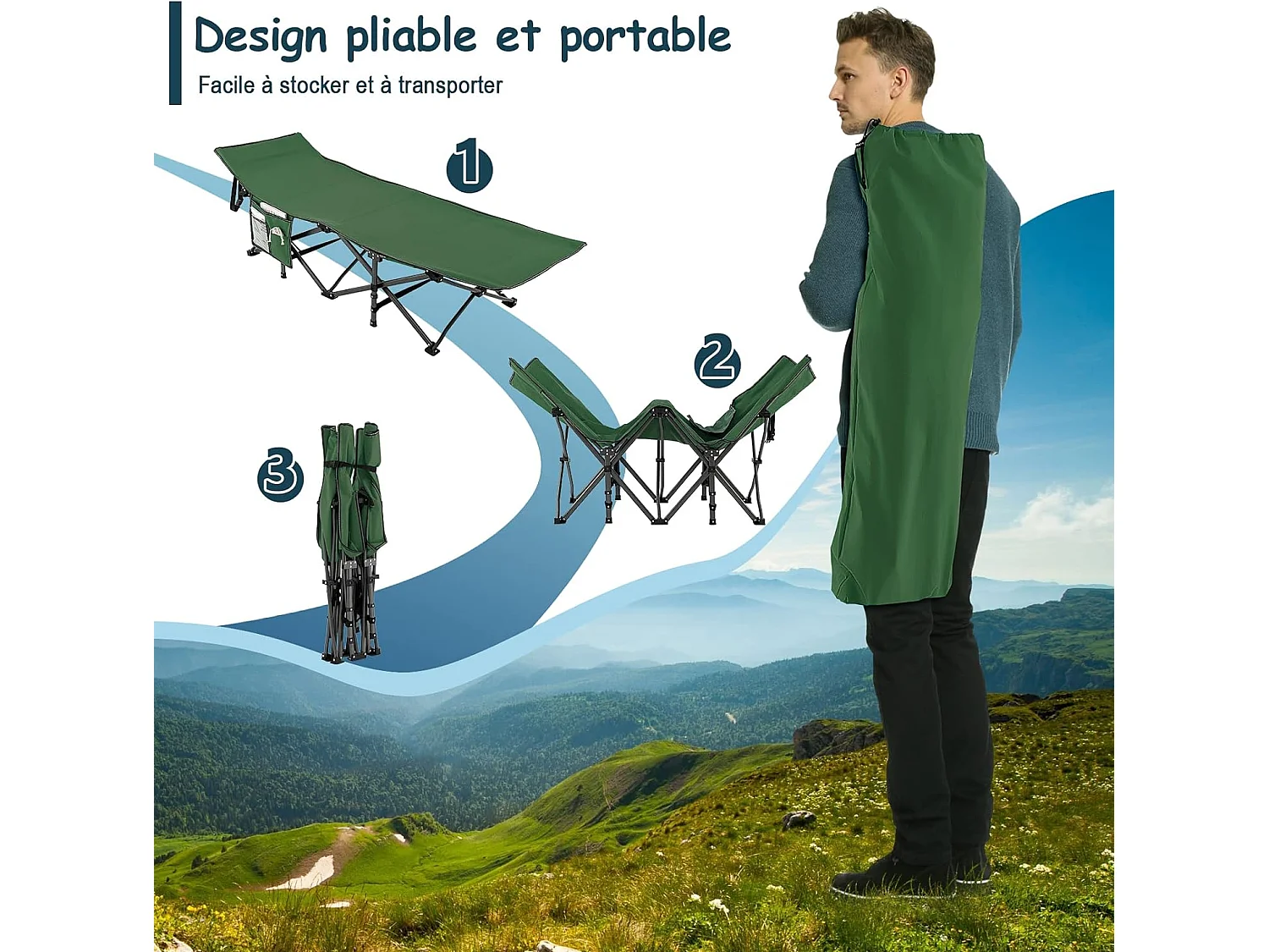 Lit de camping Pliant 1 Personne Portable en Tissu et velours Oxford avec Tube Métal Charge 272kg, Lit de Voyage avec Poche, Appuie-tête Réglable, pour Voyage/Randonnée/Pêche, 190 x 60 x 54 cm