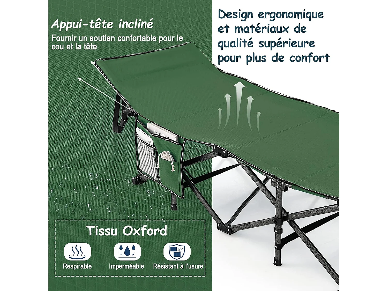 Lit de camping Pliant 1 Personne Portable en Tissu et velours Oxford avec Tube Métal Charge 272kg, Lit de Voyage avec Poche, Appuie-tête Réglable, pour Voyage/Randonnée/Pêche, 190 x 60 x 54 cm