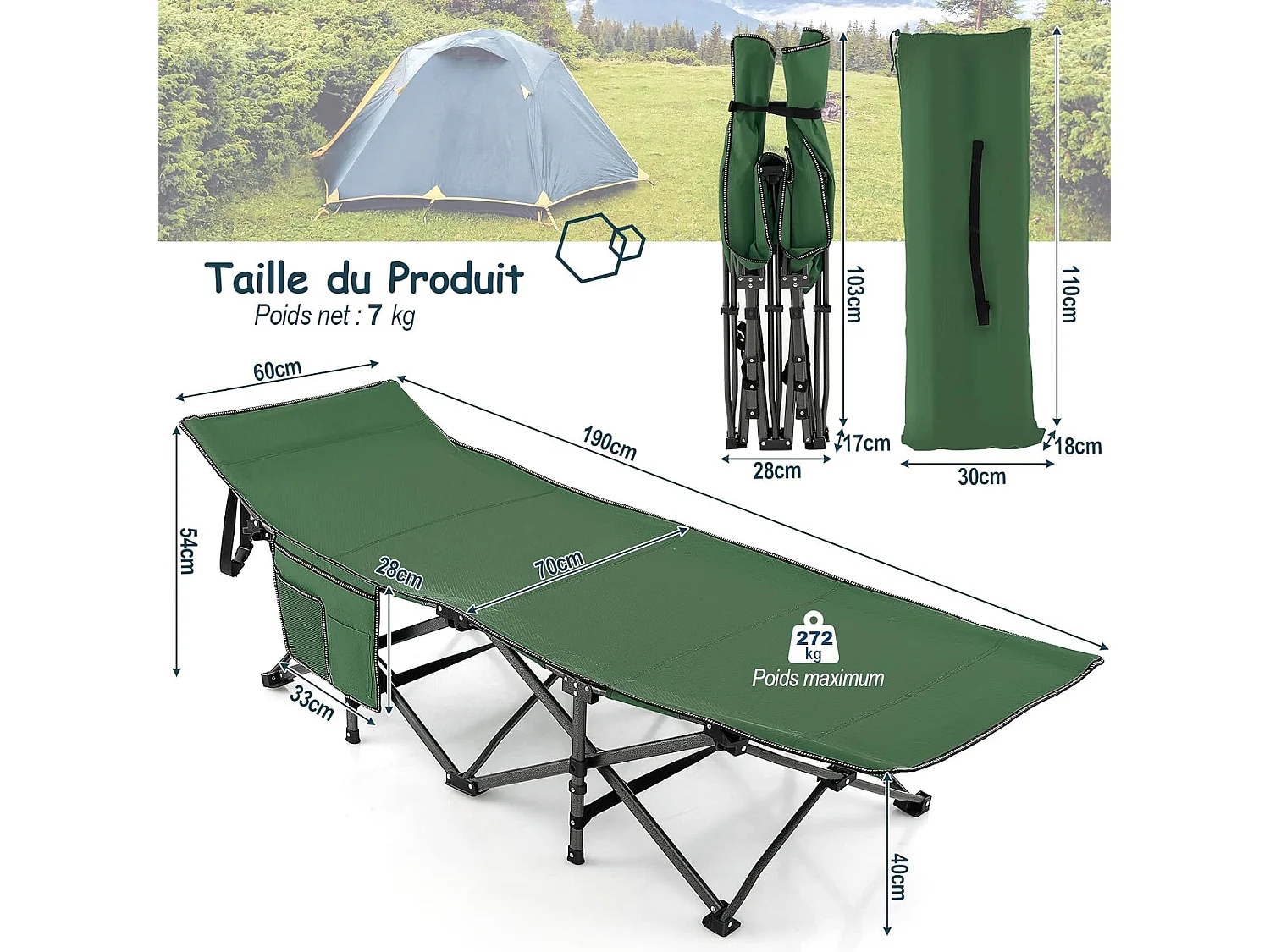 Lit de camping Pliant 1 Personne Portable en Tissu et velours Oxford avec Tube Métal Charge 272kg, Lit de Voyage avec Poche, Appuie-tête Réglable, pour Voyage/Randonnée/Pêche, 190 x 60 x 54 cm