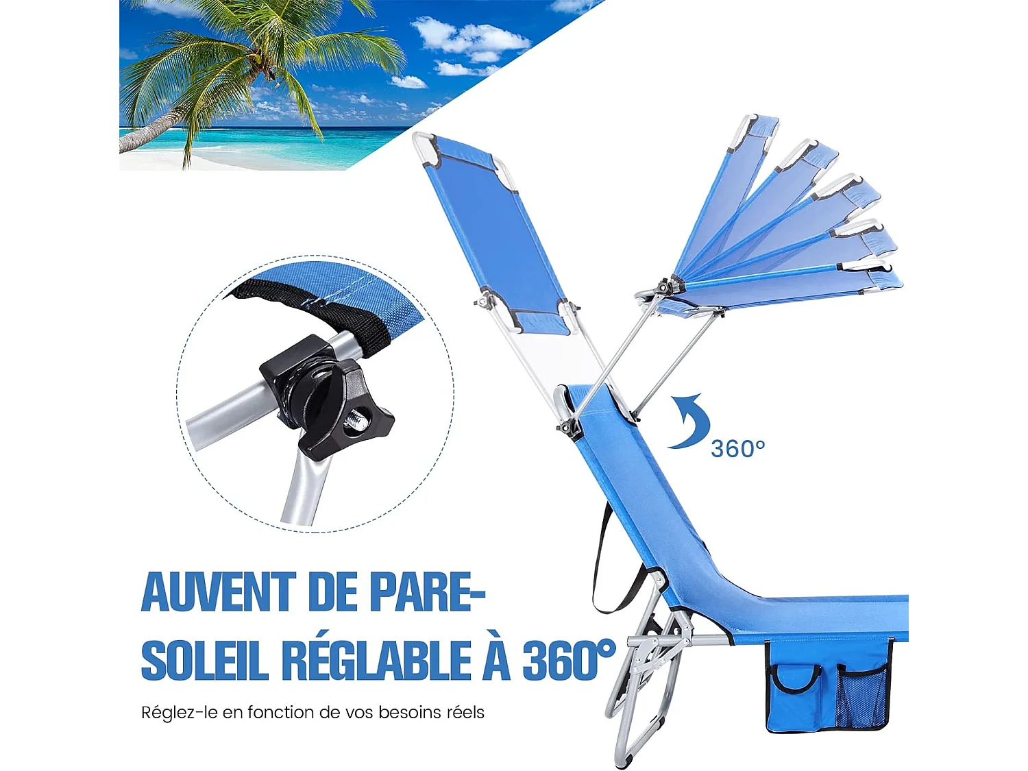 Chaise Longue Pliante Inclinable à 5 Positions avec Auvent Rotatif à 360°, pour CamBoisg Terrasse, Charge Max 150 kg, Bleu