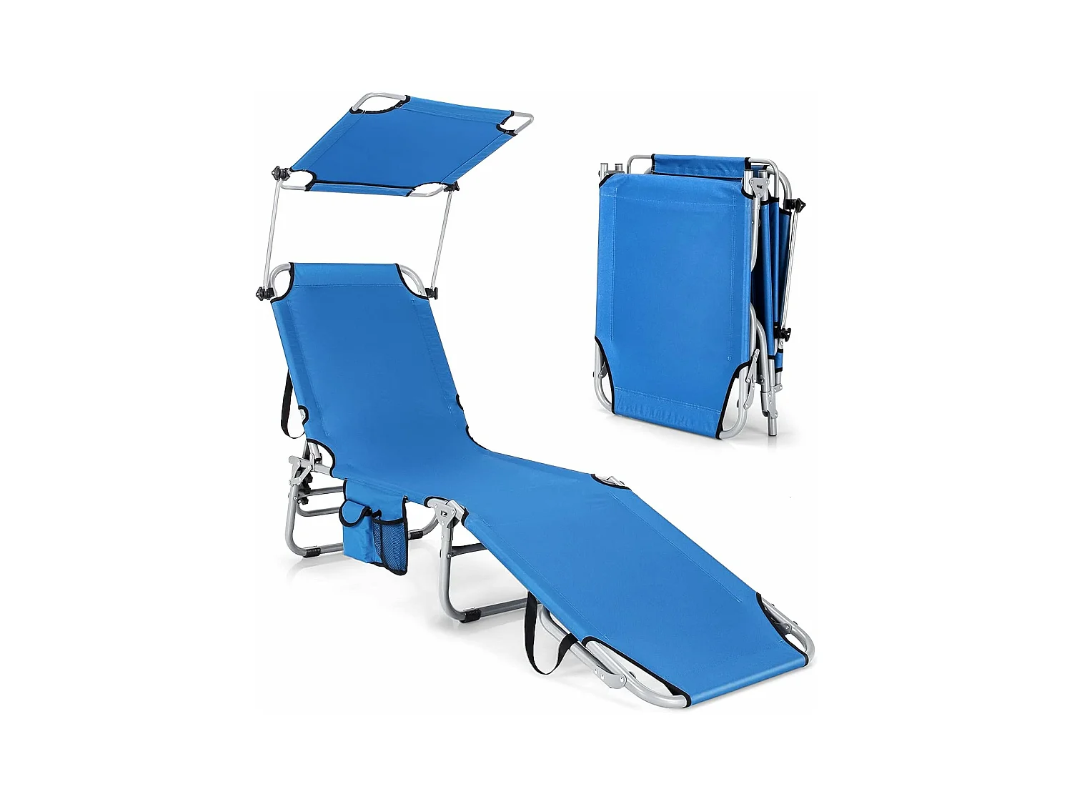 Chaise Longue Pliante Inclinable à 5 Positions avec Auvent Rotatif à 360°, pour CamBoisg Terrasse, Charge Max 150 kg, Bleu