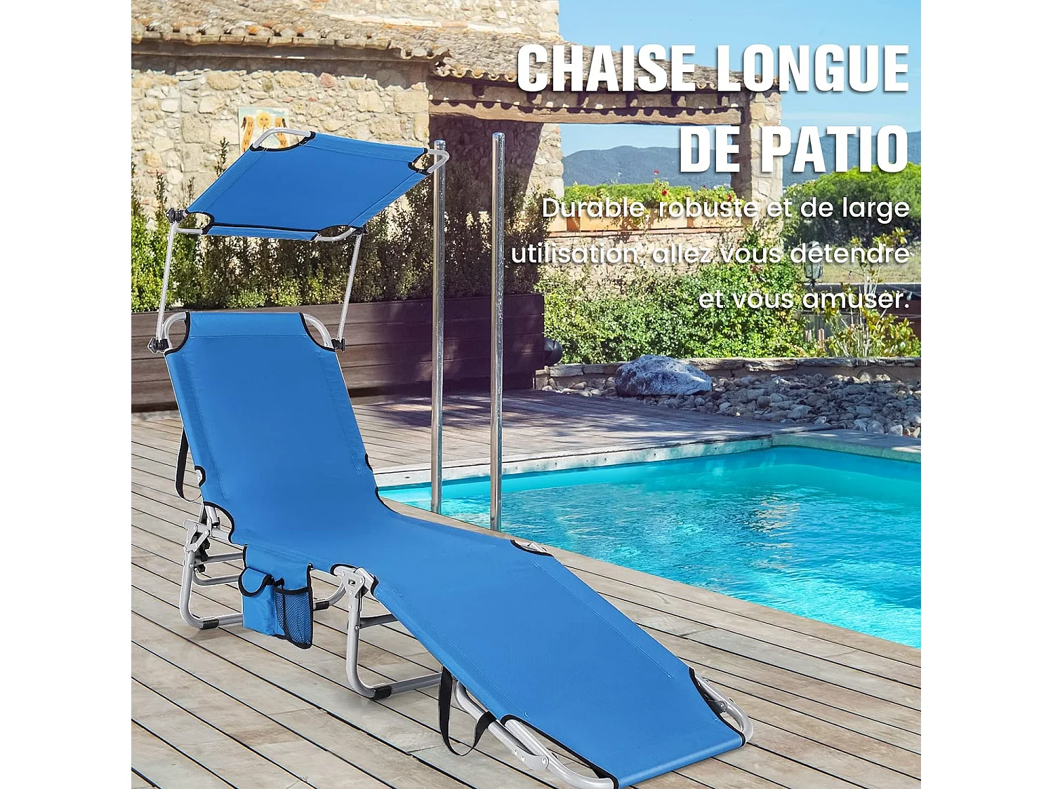 Chaise Longue Pliante Inclinable à 5 Positions avec Auvent Rotatif à 360°, pour CamBoisg Terrasse, Charge Max 150 kg, Bleu