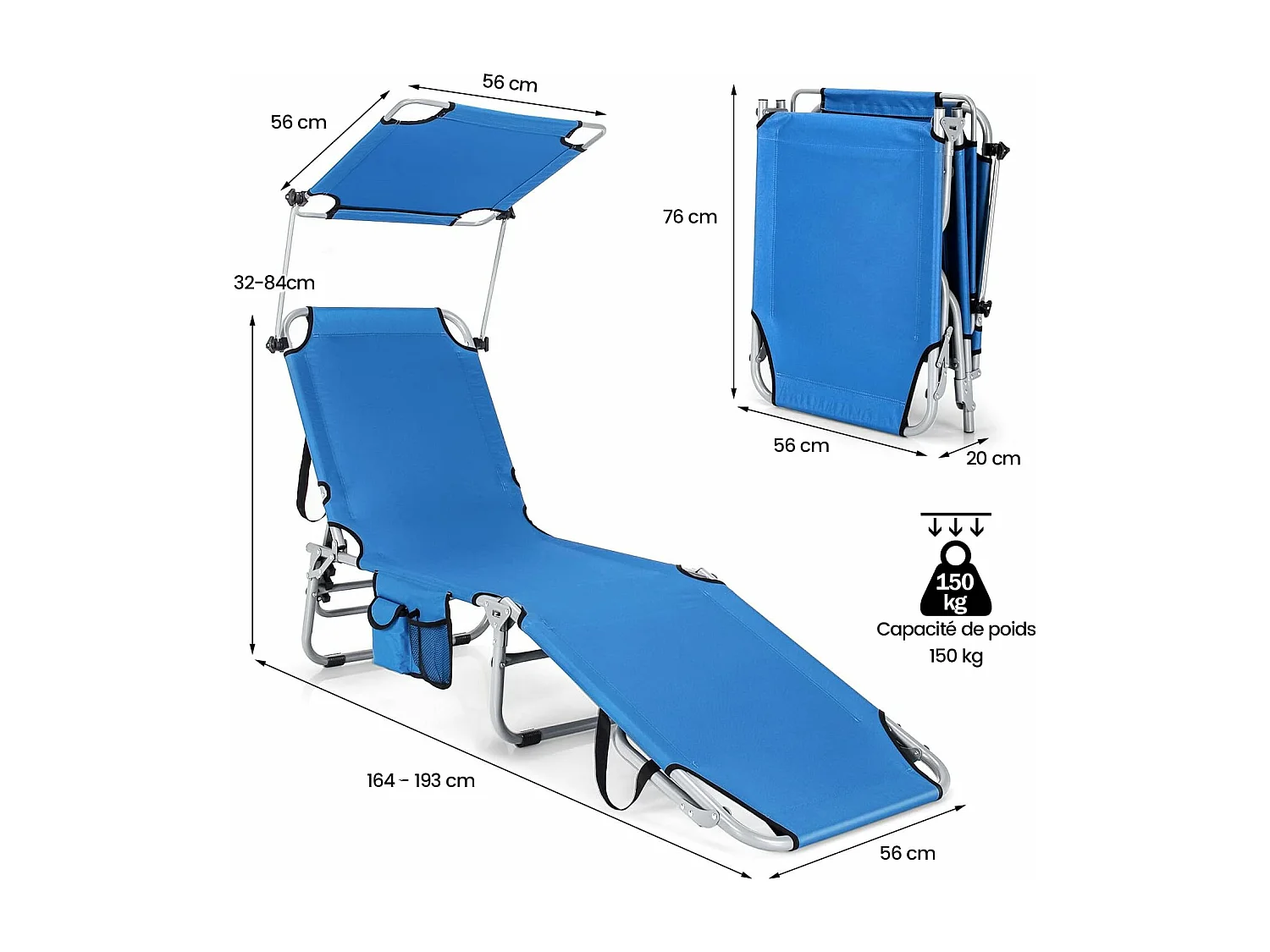Chaise Longue Pliante Inclinable à 5 Positions avec Auvent Rotatif à 360°, pour CamBoisg Terrasse, Charge Max 150 kg, Bleu