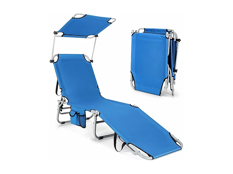 Chaise Longue Pliante Inclinable à 5 Positions avec Auvent Rotatif à 360°, pour CamBoisg Terrasse, Charge Max 150 kg, Bleu