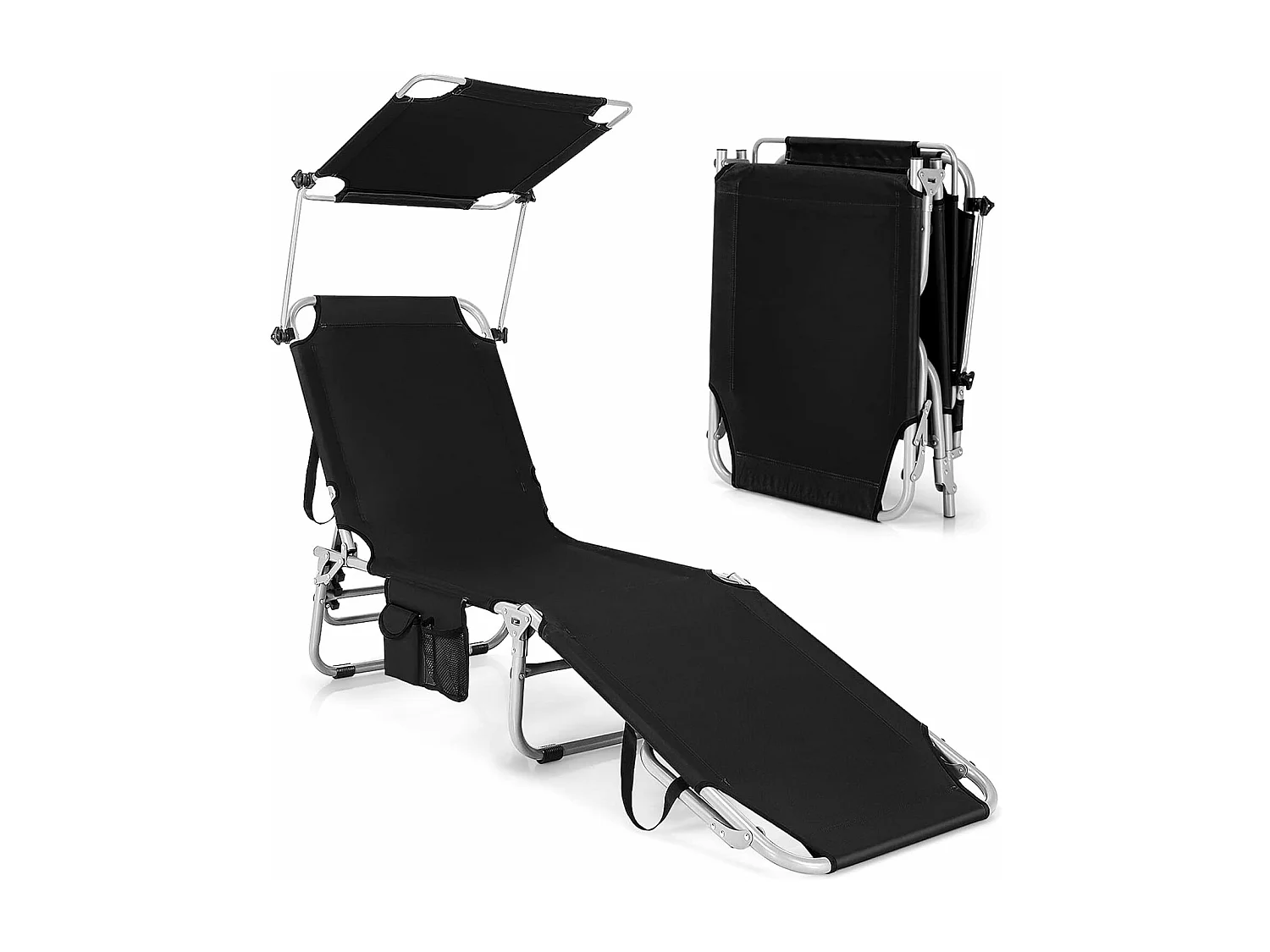 Chaise Longue Pliante Inclinable à 5 Positions avec Auvent Rotatif à 360°, pour CamBoisg Terrasse, Charge Max 150 kg, Noir