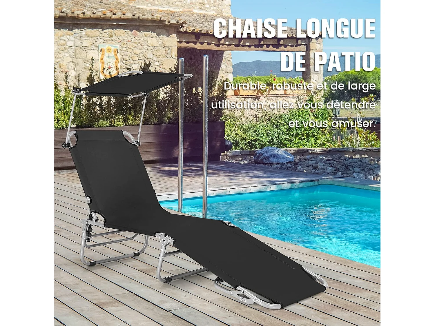 Chaise Longue Pliante Inclinable à 5 Positions avec Auvent Rotatif à 360°, pour CamBoisg Terrasse, Charge Max 150 kg, Noir
