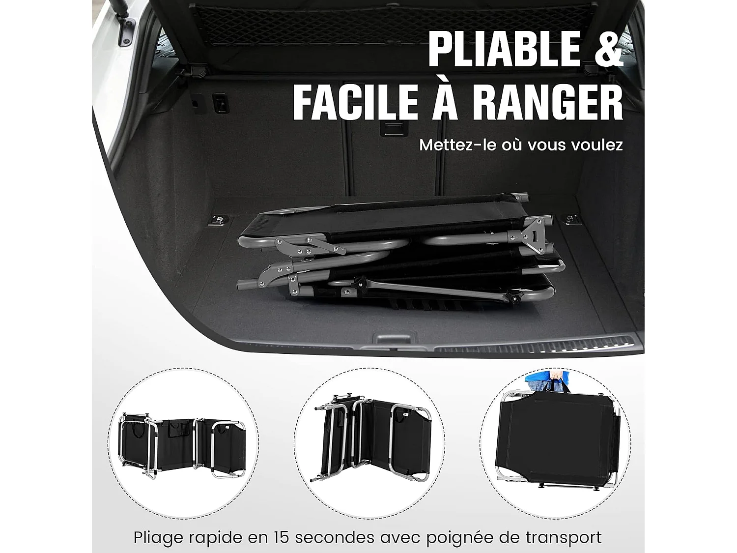 Chaise Longue Pliante Inclinable à 5 Positions avec Auvent Rotatif à 360°, pour CamBoisg Terrasse, Charge Max 150 kg, Noir