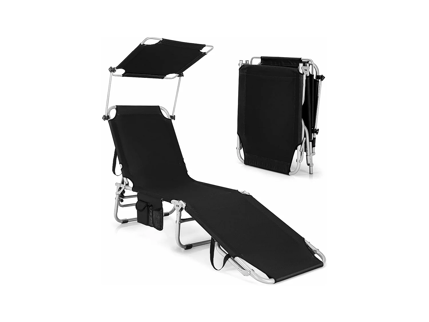 Chaise Longue Pliante Inclinable à 5 Positions avec Auvent Rotatif à 360°, pour CamBoisg Terrasse, Charge Max 150 kg, Noir
