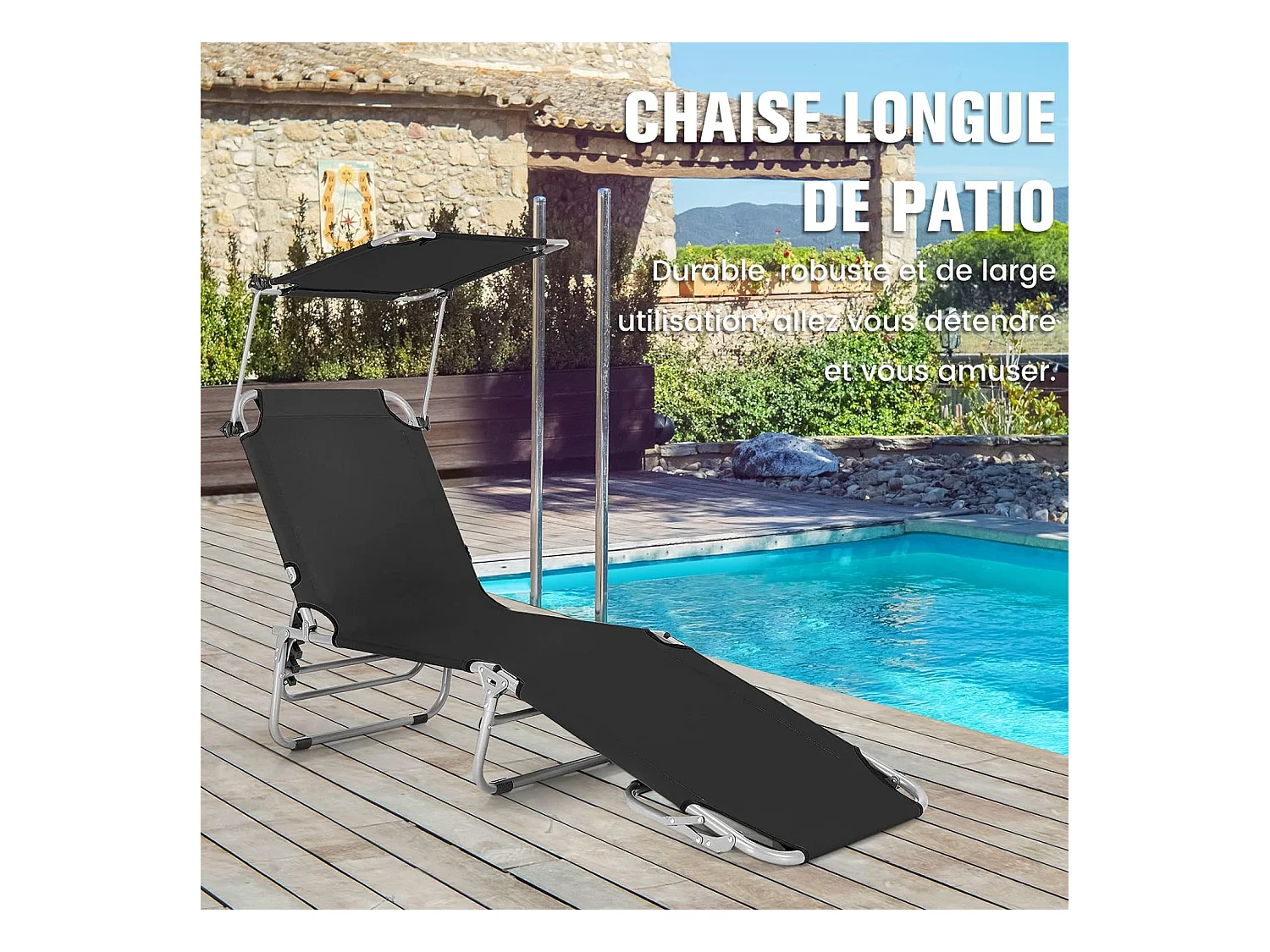 Chaise Longue Pliante Inclinable à 5 Positions avec Auvent Rotatif à 360°, pour CamBoisg Terrasse, Charge Max 150 kg, Noir