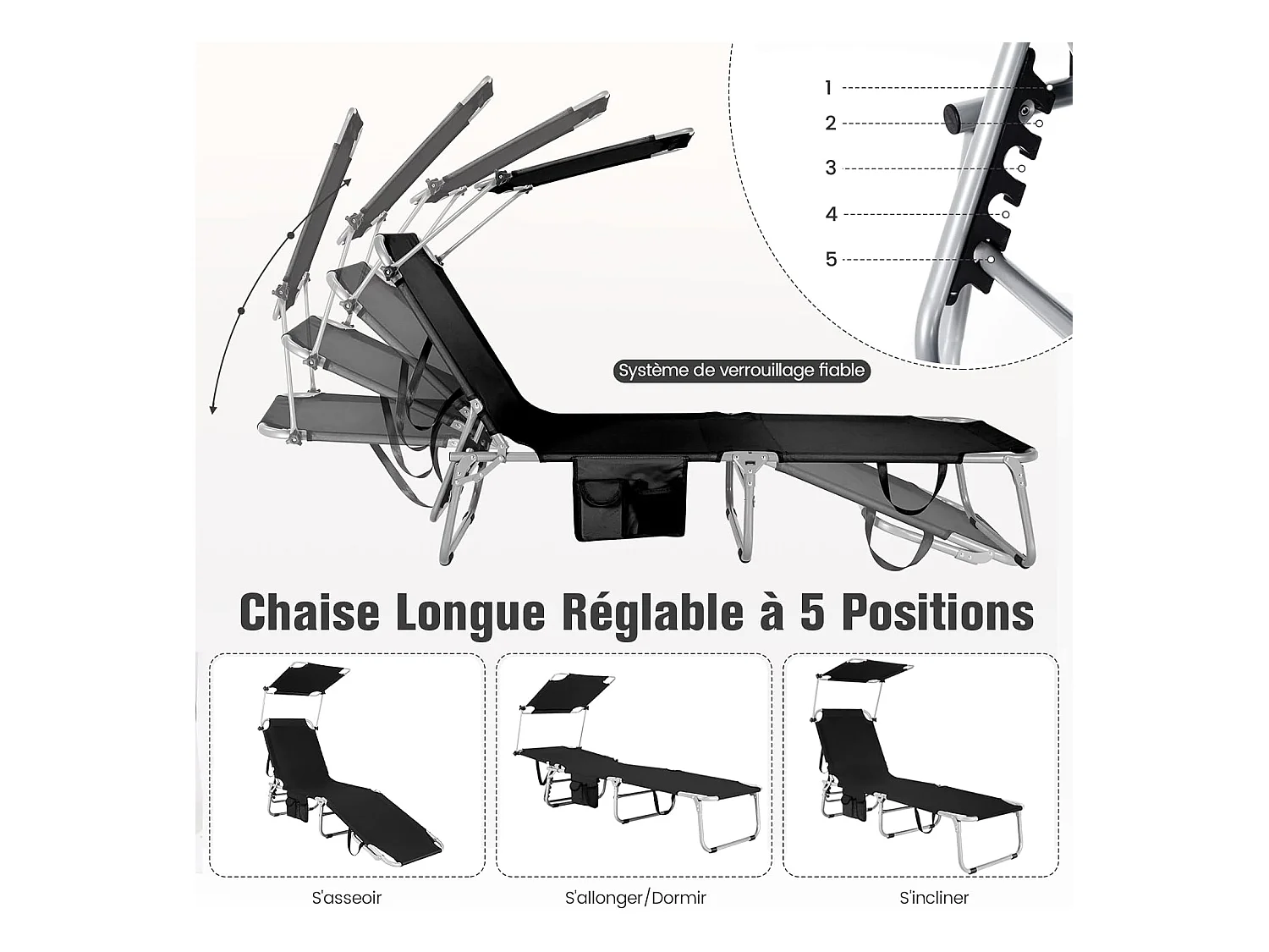 Chaise Longue Pliante Inclinable à 5 Positions avec Auvent Rotatif à 360°, pour CamBoisg Terrasse, Charge Max 150 kg, Noir