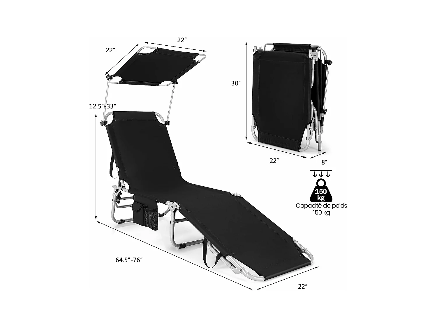 Chaise Longue Pliante Inclinable à 5 Positions avec Auvent Rotatif à 360°, pour CamBoisg Terrasse, Charge Max 150 kg, Noir