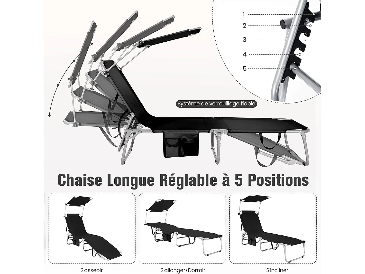 Chaise Longue Pliante Inclinable à 5 Positions avec Auvent Rotatif à 360°, pour CamBoisg Terrasse, Charge Max 150 kg, Noir