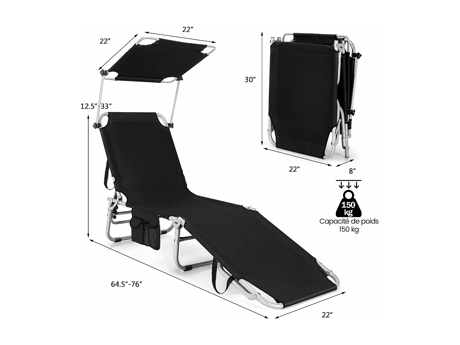 Chaise Longue Pliante Inclinable à 5 Positions avec Auvent Rotatif à 360°, pour CamBoisg Terrasse, Charge Max 150 kg, Noir