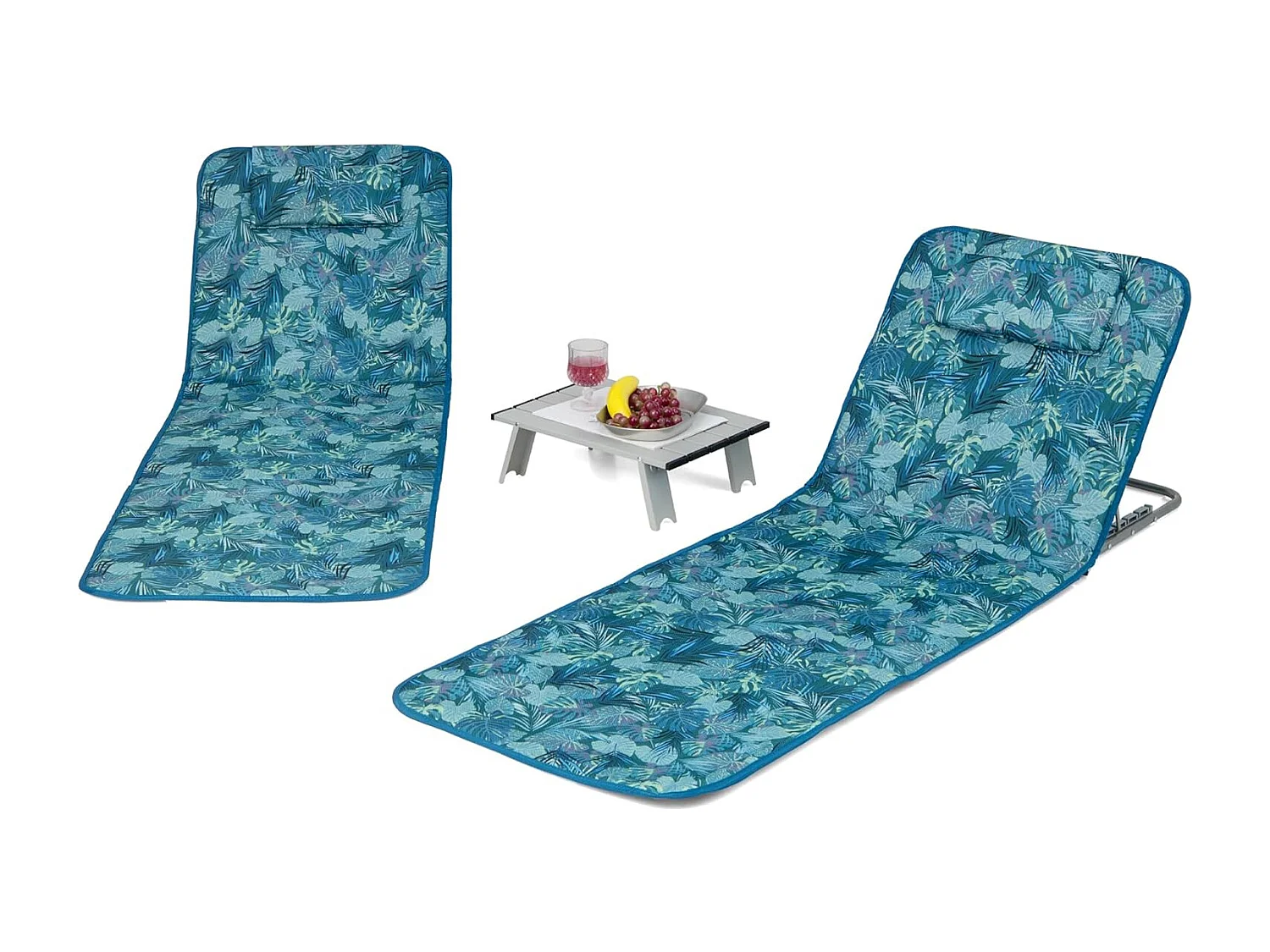 Ensemble de Tapis de Plage Pliables 2 pcs avec Table d’Appoint, Matelas de Plage avec Hauteur Réglable 27-47cm pour CamBoisg (Vert d'eau)