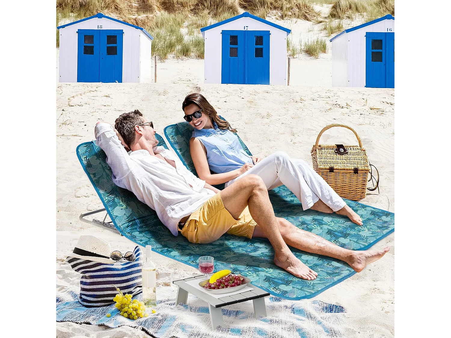 Ensemble de Tapis de Plage Pliables 2 pcs avec Table d’Appoint, Matelas de Plage avec Hauteur Réglable 27-47cm pour CamBoisg (Vert d'eau)